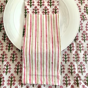 Pink Green stripes block print table napkins, geometric table napkins, pink and green cloth napkin, table linen