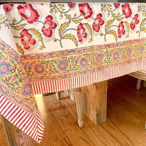 Dancing blooms table cloth, bedcover, yellow, pink, red, green cotton tablecloth, block print tablecloth, handprinted tablecloth