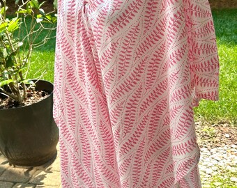 Pink Floral Vines Cotton Kimono Shrug: Hand-Printed Beach Cover-Up