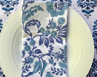 Blue bells block print cotton table napkins, hand printed cotton napkins, blue white floral table napkins, table linen
