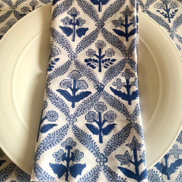 Blue trellis floral block print napkins, cotton block print napkins, reusable and washable napkins, table linen