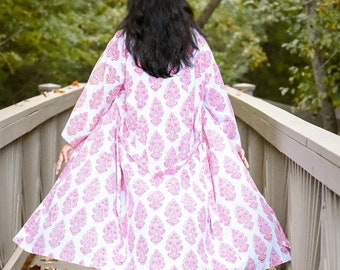 The Sophie floral block print cotton robe, cotton kimono robe, hand printed cotton robe, leisure wear, floral leisure wear