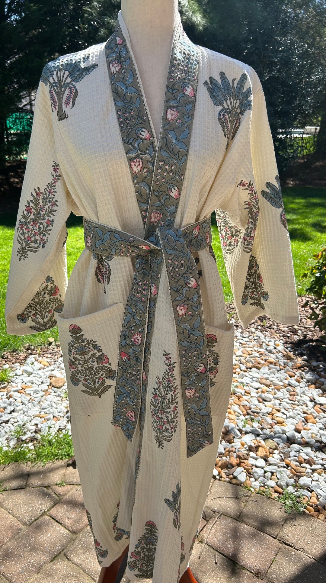 Maya Block Print Robe, Waffle Cotton Bath Robe, Blue Green Pink Floral ...