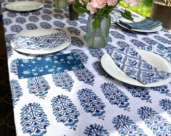 Larkspurs table cloth, blue and white floral cotton tablecloth, block print tablecloth