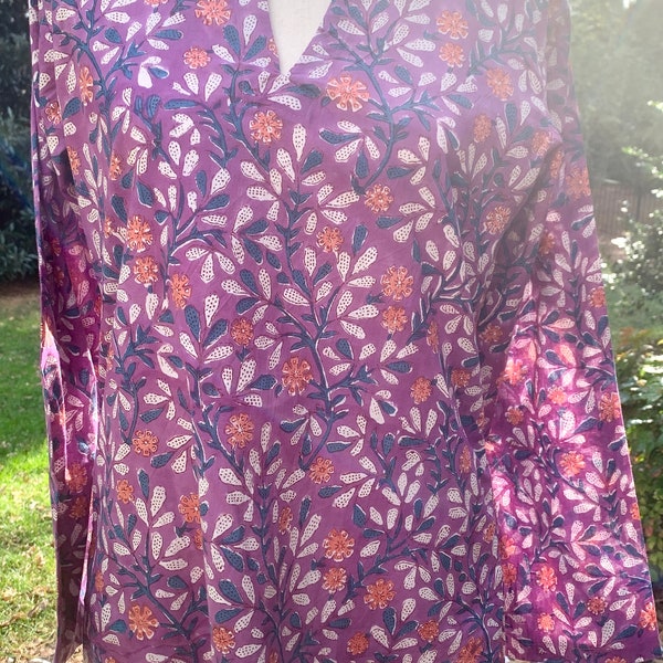 Purple fiesta block print floral cotton tunic, cotton tunic hand printed with wood blocks, floral print, tunic coverup