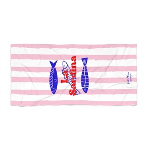Serviette de plage à rayures roses : sardines, accessoire d&#39;été italien