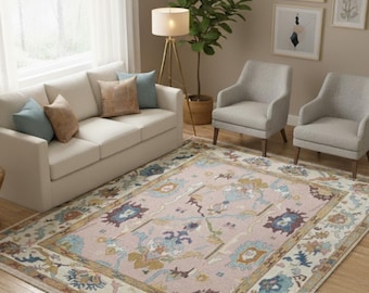 Handknotted Pink Oushak Rug: 8x10 Wool Carpet