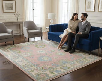 Handknotted Pink Oushak Wool Rug: 8x10 Vintage Turkish Carpet