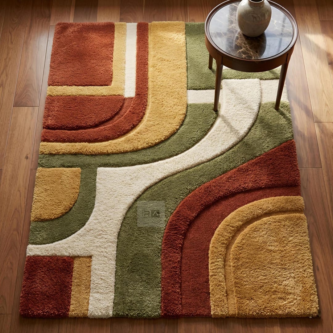 Mid Century Modern Abstract Area Rug- Hand Tufted Retro Living Room Rug ...