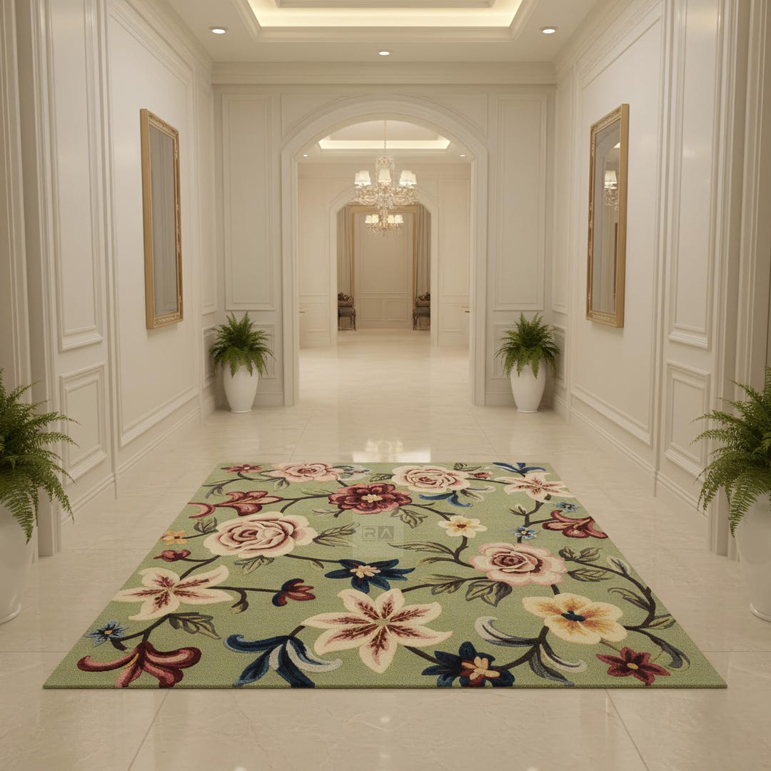 Hand Tufted Green Floral Area Rug: Modern Flower Wool Rug 8x10 - Etsy
