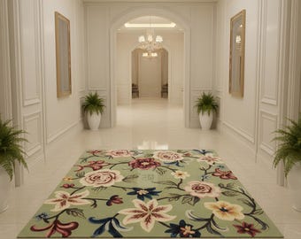 Hand Tufted Green Floral Area Rug: Modern Flower Wool Rug 8x10