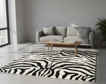 Hand-Tufted Wool Zebra Rug: Modern Black and White, 8x10