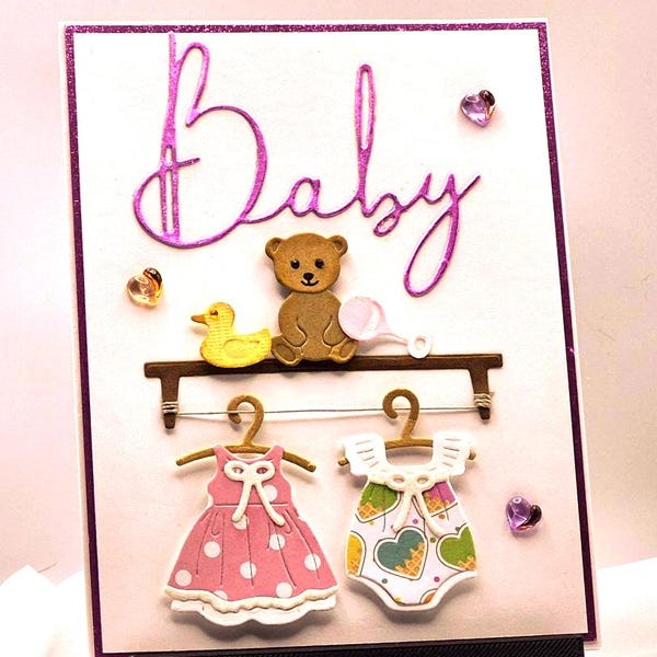 Handmade Pink New Baby Girl Card with Toys & Hanging Outfits - Congratulations, Baby Shower