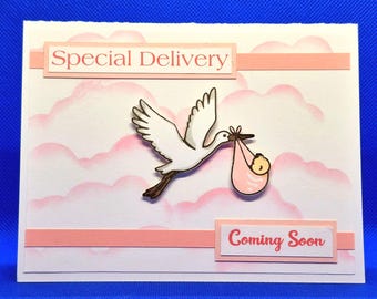 Handmade Stork Baby Card – Pink Bundle, Pregnancy Announcement