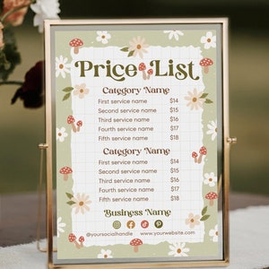Könnte beinhalten: Eine grüne und weiße Preisliste mit einem Blumen- und Pilzdesign. Die Liste enthält zwei Kategorien mit jeweils fünf Dienstleistungen, mit Preisen von 14 € bis 18 €. Am unteren Rand der Liste steht der Text "Firmenname" mit Social-Media- und Website-Informationen.