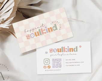 Plantilla de tarjeta de presentación editable con código QR, diseño retro colorido, descarga instantánea de tarjeta de presentación de Canva, plantilla de tarjeta de presentación imprimible - Happi