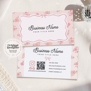 Kokette Visitenkarte Canva Vorlage QR-Code, druckbares Visitenkartendesign mit Blumenmuster, bearbeitbare QR-Code-Visitenkarte, Bogen-scanbare Karte