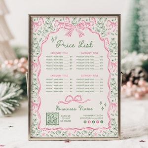 Könnte beinhalten: Eine gerahmte Preisliste mit einem rosa und grünen Weihnachtsthema. Der Text "Price List" steht oben, mit Platz für Produktnamen und Preise. Der Rahmen hat eine goldene Oberfläche, und der Hintergrund ist weiß.