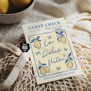 Carte de remerciement tendance citron, encart d'emballage commercial Dolce Vita modifiable pour remerciement client, modèle de remerciement pour chèque invité italien Canva
