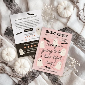 Modello Canva per biglietto di ringraziamento di Halloween / Foglio di credito per ordini modificabile / Biglietto di auguri per piccole imprese con fantasmino / Inserto per ordini autunnali