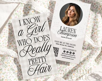 Luxus Friseur Visitenkarte Vorlage Canva QR-Code, Neutral Gingham Beauty Salon Branding, Cottagecore Bearbeitbare Business Vorlage Gini