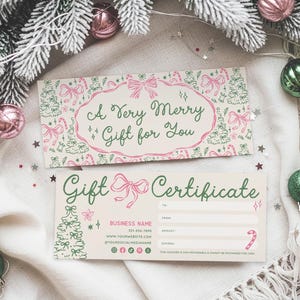 Editable Holiday Gift Certificate Template, Merry Coquette Christmas Voucher Canva Design, DIY Printable Xmas Tree Pink Bow Gift Card Design