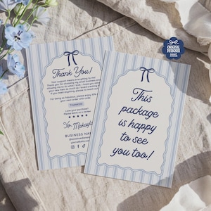 Trendy Thank You Card, Coquette Bow Editable Customer Thank You Business Packaging, DIY Blue Vintage Thank You Insert Canva Template, Sera