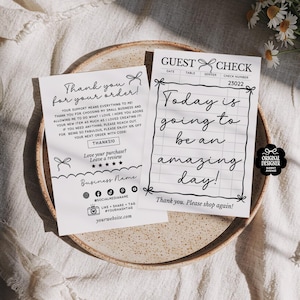 Carte de remerciement modifiable avec un noeud fantaisiste, notice de remerciement client tendance, modèle de carte de visite noir et blanc pour chèque d'invité Canva Beau