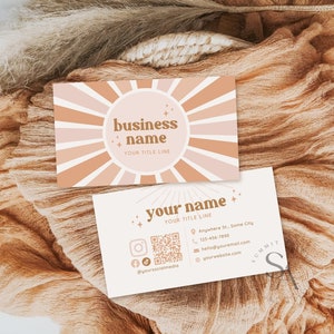 Bearbeitbare Retro Sun Visitenkarte Vorlage QR-Code, bunte Sofort-Download Canva Visitenkarte, druckbare Visitenkarte, Shelby