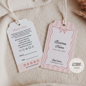 May include: Two pink and white striped gift tags with a bow and text that says "Product Name" and "Business Name". The tag on the left has a list of care instructions and spaces for price and size. The tag on the right has a space for a tagline and says "Shop Online: YOURWEBSITE.COM". A white circle with black text says "Original Designer Summit Avenue".
