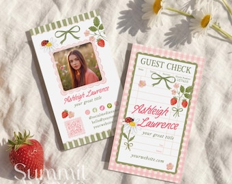 Strawberry Cottagecore Small Business Card Canva Template | Editable Guest Check Business Card | Gingham feminine marketing card - Becca