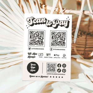 Bearbeitbare Retro Scan to Pay QR-Schild, DIY groovy druckbare Zahlung Akzeptierte Zahlungen Schild, Markt Zahlungsschild Canva Vorlage, Among Misti