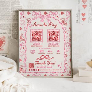 Editable Valentine’s Scan to Pay Sign Template, Coquette Teddy Bear QR Code Sign, Pink Red & Small Business Canva design Checkout Display