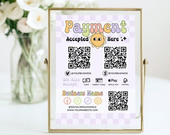 Editable Retro Sun Scan to Pay QR Sign, DIY Colorful Printable Payment Sign, Accepted Payments Sign, Business QR Sign Canva Template, Sunni