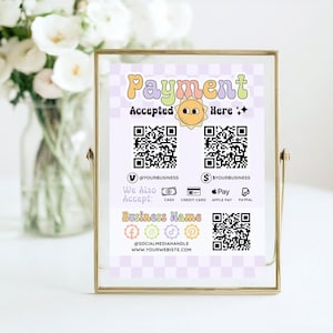Bearbeitbares Retro Sun Scan to Pay QR-Zeichen, DIY buntes druckbares Zahlungszeichen, Zeichen für akzeptierte Zahlungen, Geschäft QR-Zeichen Canva-Vorlage, Sunnitisch