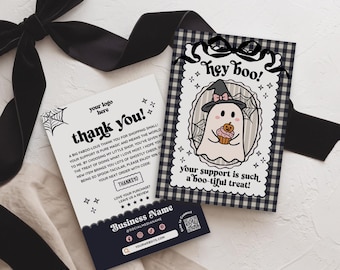 Halloween Thank You Card Template, Cute Ghost Canva Packaging Insert, Pink Coquette Bow Small Business Order Care card
