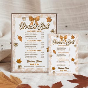 Fall Price List Canva Template, Autumn Market Sign Retro Checker & Bow Price Menu, Editable 5x7 8x10 Salon Priceing Vendor Booth Sign - Lexi