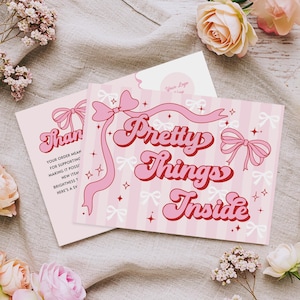 Kokette Bogen Danke Karte, bearbeitbare Kunden Danke Business Verpackung, DIY süße rosa Retro Danke Einfügen QR Canva Vorlage, Cheri