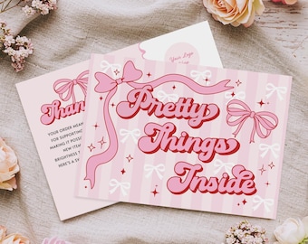 Coquette Bow Thank You Card, Editable Customer Thank You Business Packaging, DIY cute pink Retro Thank You Insert QR Canva Template, Cheri