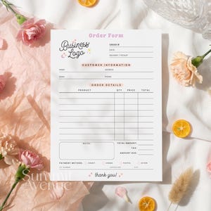 May include: A white paper order form with black text and pink accents. The document features sections for order number, date, customer information, and a table for product details, quantity, price, and total. It includes a notes box and payment options.