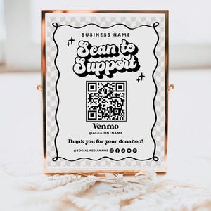 Retro Scan to Support Sign Template, QR Code Sign, Printable Donation Sign, Scan to Donate Sign CashApp Venmo Sign Payment Here Sign, Avery