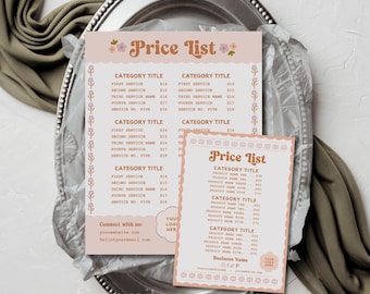 May include: Two rectangular price list templates in a soft peach color with brown text. The larger template features floral accents and sections for category titles and services. The smaller template includes a decorative border and space for business details.