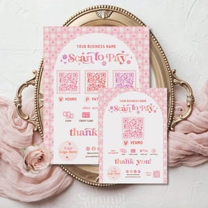 Pink Floral Gingham Scan to Pay Sign Canva Template, QR Code Payment Sign, Cottagecore Small Business Payment Display - Lark