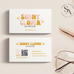 Editable Retro Boho Business Card Template QR Code, Instant Download Canva Business Card, Printable Business Card Template - Clover