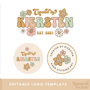 DIY Retro Groovy Flower Logo design Instant Download, Editable Canva Logo Design, Colorful Rainbow Logo Small Business Brand Kit - Kiersten