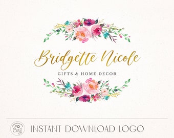 Watercolor Floral Logo design Instant Download, Instagram Logo DIY Premade logo, Photography logo, Boutique Logo, Flower Frame Editable Logo