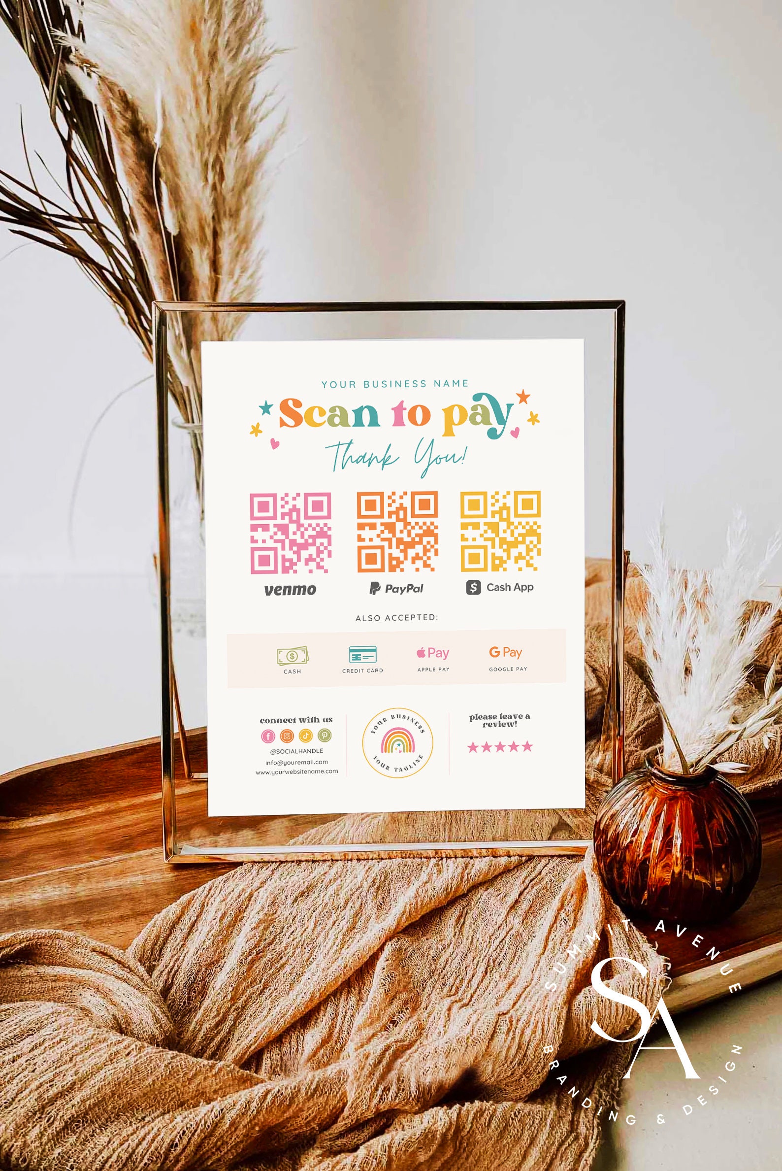 Editable Retro Rainbow Scan to Pay QR Sign, DIY Boho Printable Payment ...