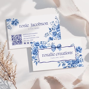 Blaue Chinoiserie Visitenkarte Vorlage Canva, SOFORTIGER DOWNLOAD Toile Visitenkarte Vorlage, DIY Aquarell Bogen Visitenkarte Rosa