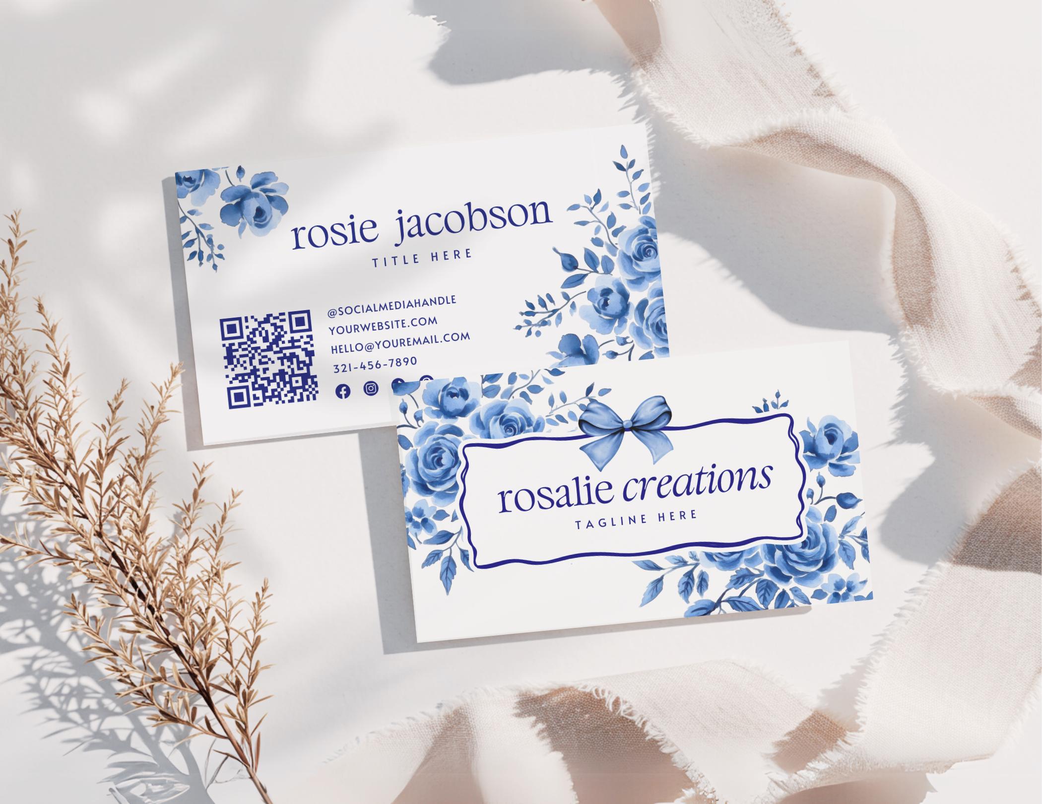 Plantilla de tarjeta de presentación de chinoiserie azul Canva, DESCARGA INSTANTÁNEA Plantilla de tarjeta de presentación imprimible de Toile, Tarjeta de presentación con lazo de acuarela DIY Rosa