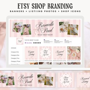 Puede incluir: Una visualizaci&oacute;n digital de un kit de marca para tienda Etsy con un tema de rayas rosa claro y blanco. El dise&ntilde;o incluye un banner de tienda con el texto Rosavelle & Pearl, iconos de tienda y plantillas de fotos con im&aacute;genes florales.